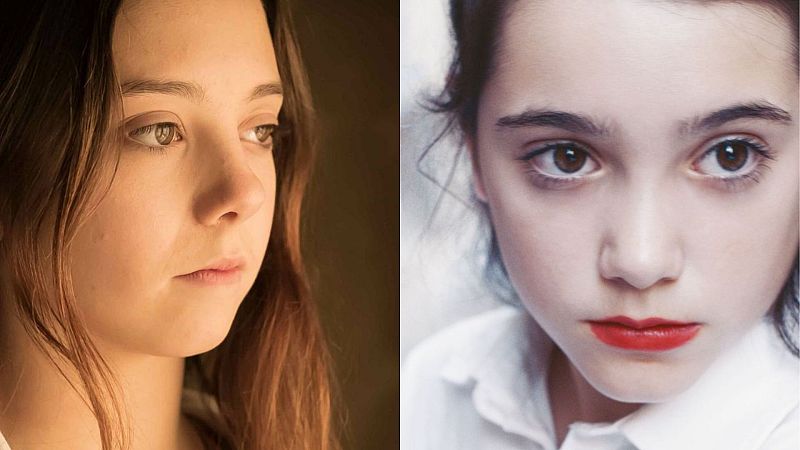 Retratos de dos jóvenes actrices con estilos de iluminación contrastantes; una con cabello castaño claro y otra con cabello oscuro.  Leyenda: "Somos cine".