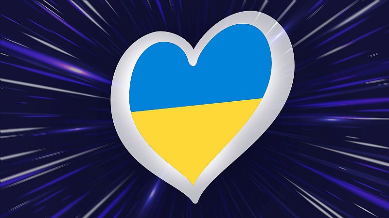 Corazón con bandera ucraniana sobre fondo con líneas que simulan una explosión.  Simboliza apoyo y solidaridad.