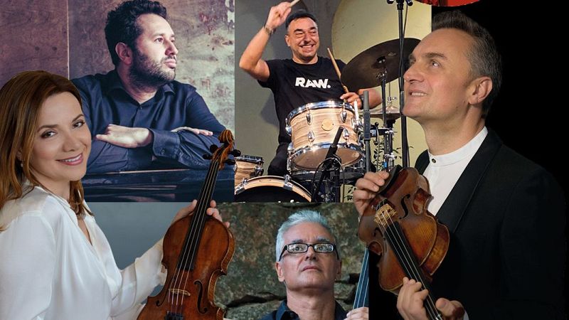 Cartel de evento musical "Las noches del Monumental".  Músicos tocando violín, piano, batería y otros instrumentos de cuerda.