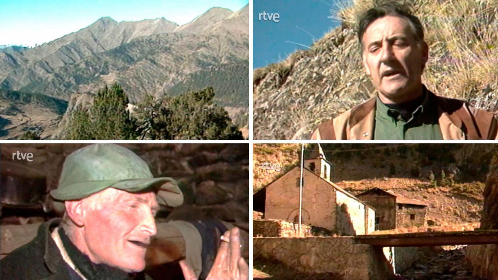 Cuatro fotogramas de un documental de archivo mostrando paisajes montañosos, un hombre con chaqueta marrón, otro con gorra verde y una pequeña iglesia rural.