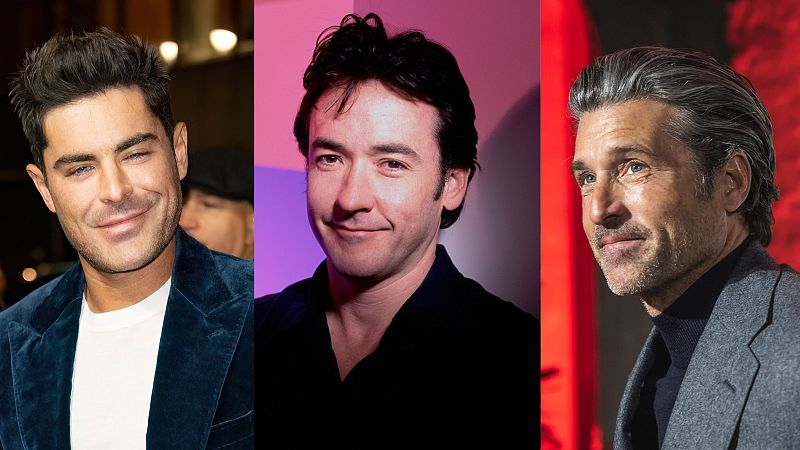 Retratos de Zac Efron, John Cusack y Patrick Dempsey; cada uno con atuendo y expresión diferentes, sobre fondos de colores contrastantes.