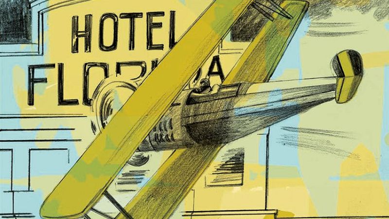 Ilustración de un biplano sobrevolando un edificio con un cartel que dice "HOTEL FLORIDA". Estilo de cómic con colores pastel.