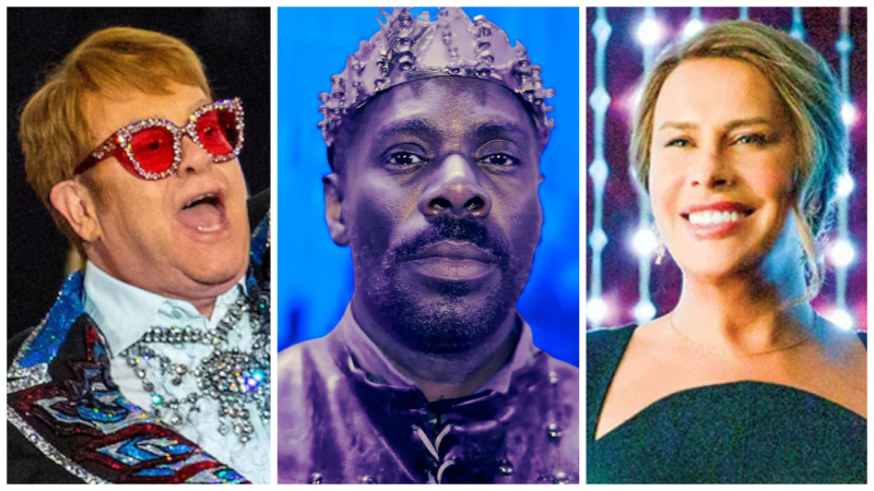 Retratos de tres artistas nominados a los Oscar: Elton John con gafas rojas, Colman Domingo con corona y Emilia Pérez sonriendo.