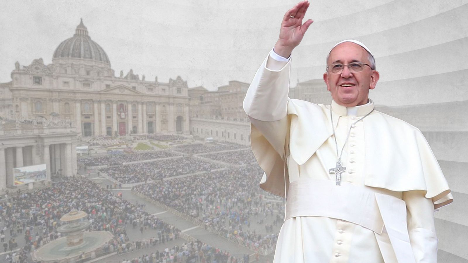 Cronología del pontificado del papa Francisco. El papa saluda en un montaje fotográfico con la plaza de San Pedro al fondo.