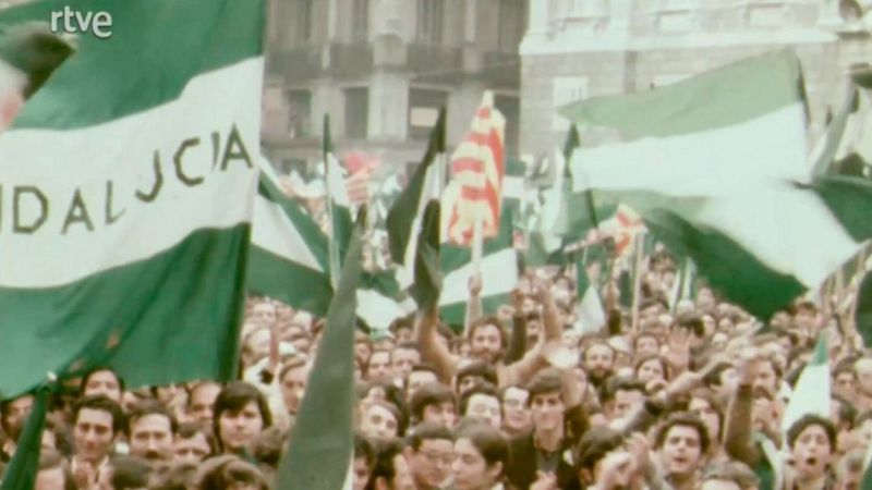 Manifestación con numerosas personas ondeando banderas andaluzas (verdes y blancas), algunas con la palabra "DALUCÍA". Imagen de baja calidad.