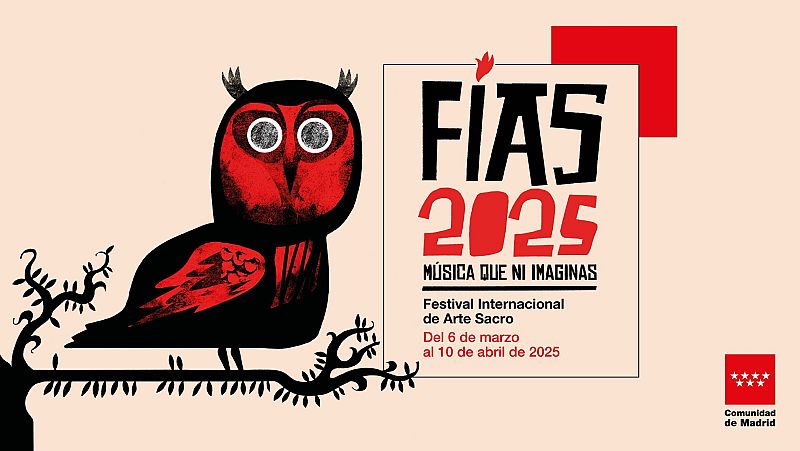 Cartel FIAS 2025: búho estilizado, "Música que ni imaginas", del 6 de marzo al 10 de abril de 2025.