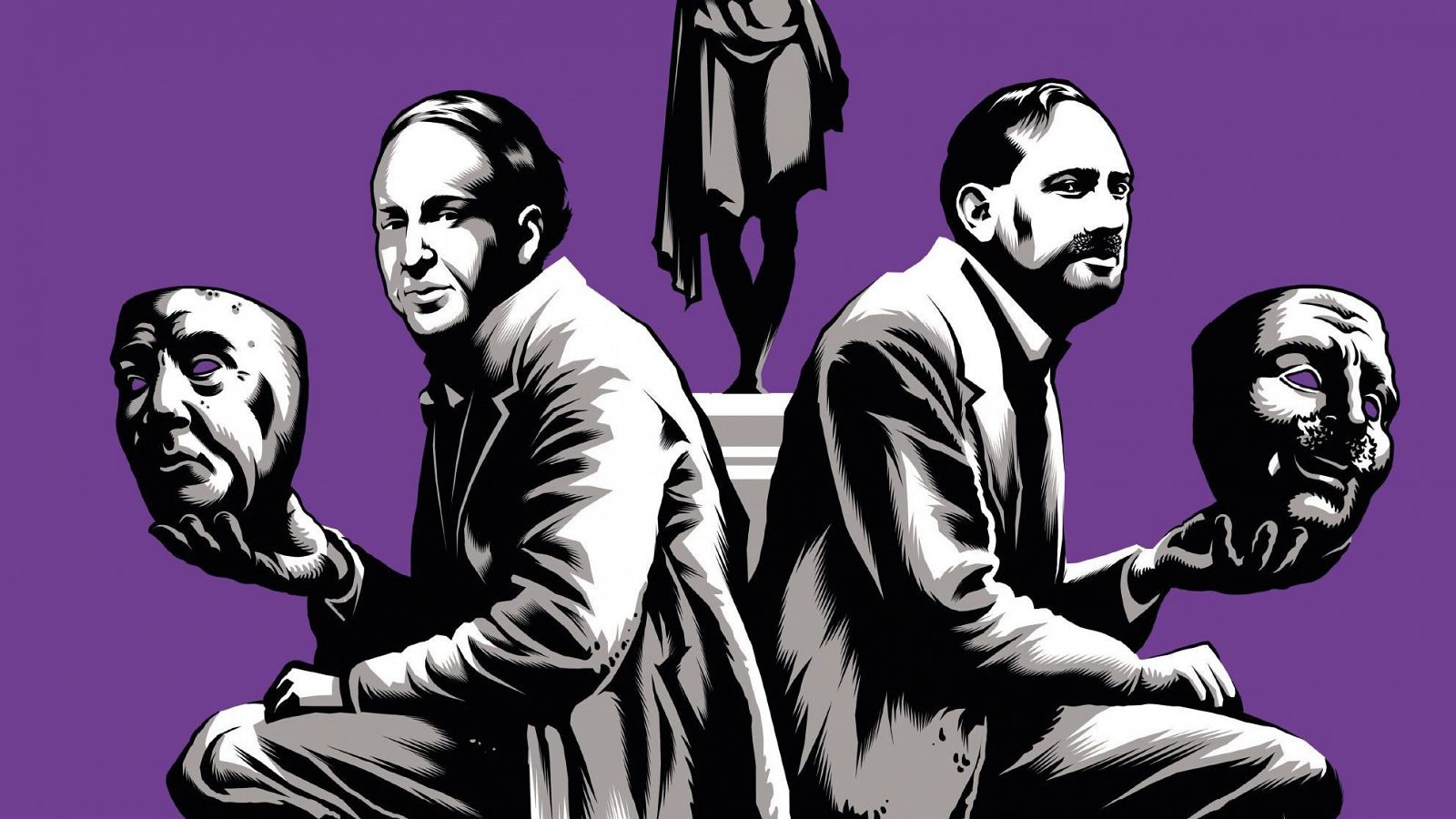 Ilustración en blanco y negro de dos hermanos arrodillados, con máscaras teatrales, sobre fondo morado y una estatua clásica al fondo. Estilo gráfico y contrastado.