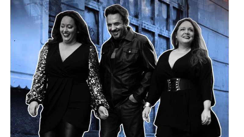 Tres personas vestidas de negro sonríen a la cámara en una imagen con estilo ochentero.  Se lee "Las noches del Monumental" y "Cartel Ochenteros DINA 1 1".