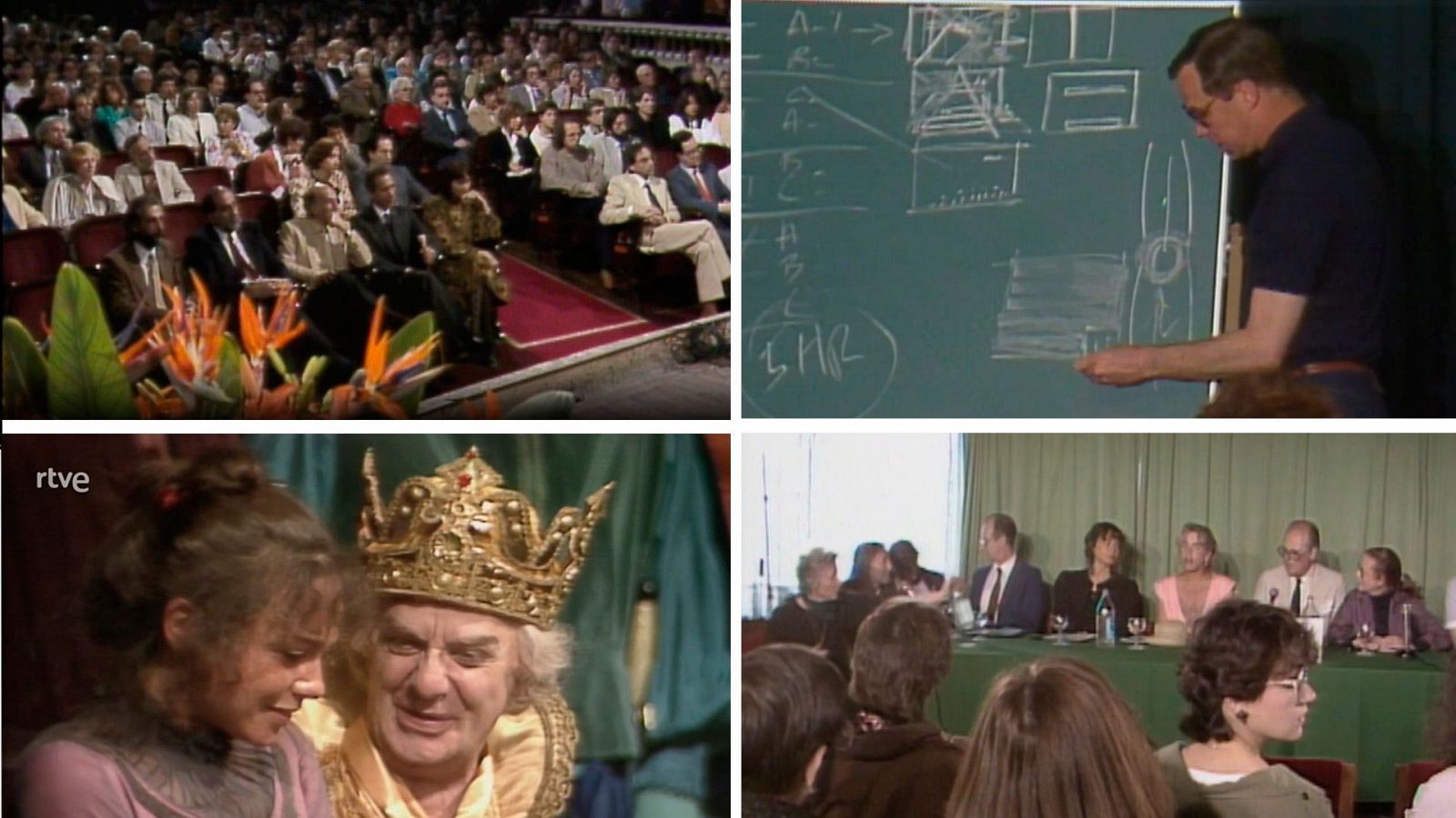 Imágenes del Congreso Internacional de Teatro en Cataluña 1985: público en teatro, diseño de escenografía, escena teatral y reunión.  Más de 700 participantes europeos.