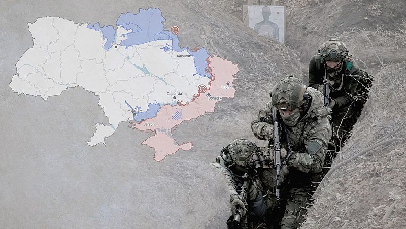 Mapa de Ucrania (semana 162 de guerra) mostrando el control territorial con puntos rojos indicando posibles conflictos, junto a foto de tres soldados ucranianos en trinchera, con uniformes de camuflaje y armas.