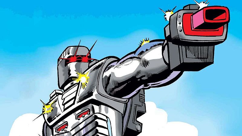 ROM, robot con armadura gris y plateada, apunta con un arma futurista en un cielo azul con destellos de energía.