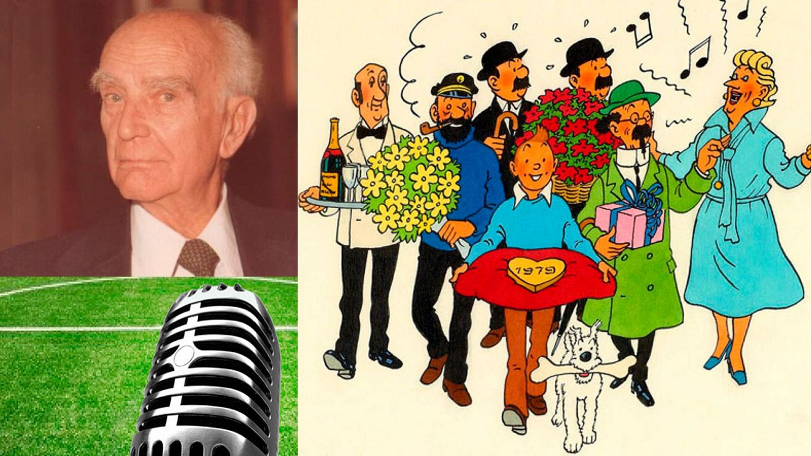 Homenaje a Joaquim Ventalló: retrato, micrófono antiguo, viñeta de Tintín y amigos, y el año 1979.  Celebración de su labor periodística y de traducción.