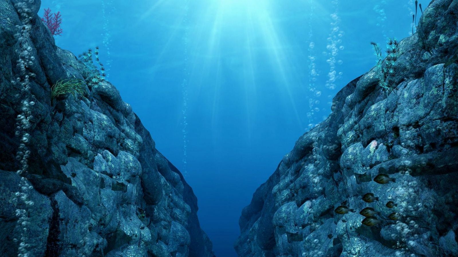 Fosa oceánica profunda con paredes rocosas, rayos de sol, burbujas y vida marina visible (plantas y peces).