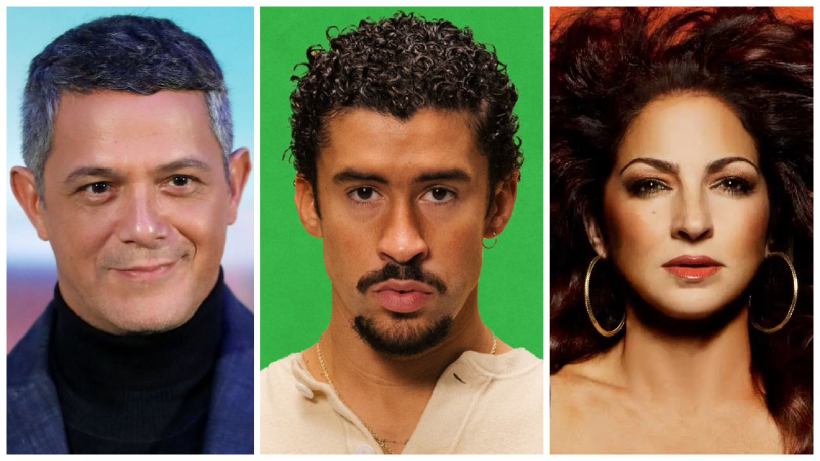 Tres retratos: Alejandro Sanz (fondo azul), Bad Bunny (fondo verde) y Gloria Estefan (fondo naranja), con expresiones serias.  Reacción a una tragedia.