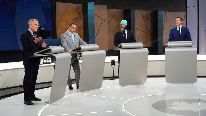 El primer ministro canadiense, Mark Carney; Pierre Poilievre, del Partido Conservador; Yves-François Blanchet, del Bloque Quebequés (BQ); y Jagmeet Singh, del Nuevo Partido Democrático.