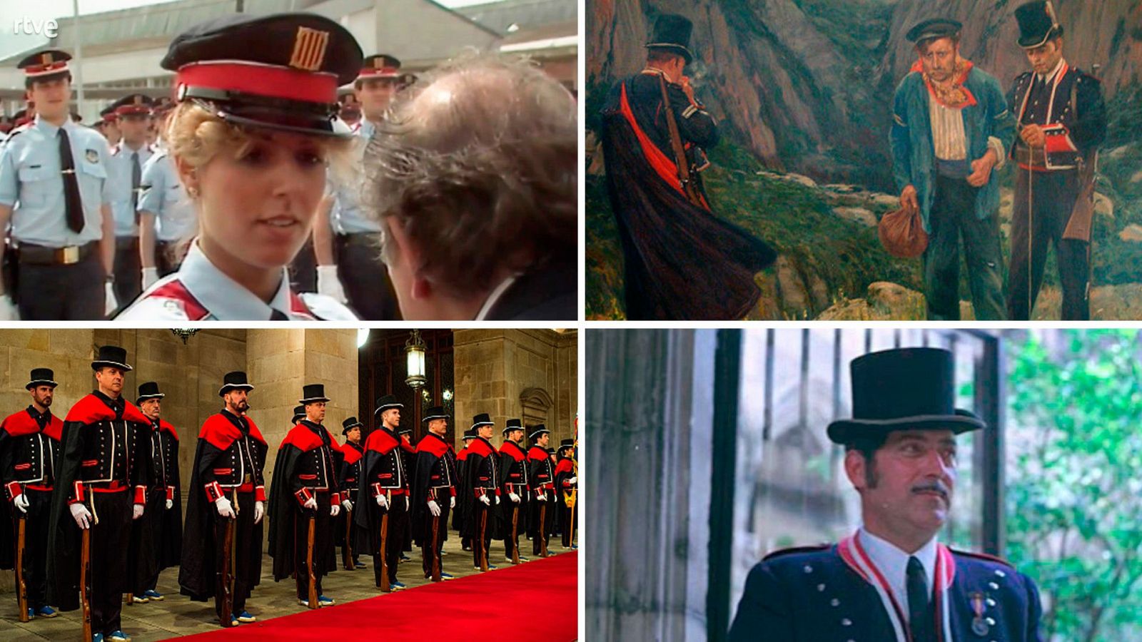 Evolución histórica de los uniformes de los Mossos d'Esquadra, desde uniformes antiguos hasta los actuales, incluyendo imágenes de eventos formales y situaciones cotidianas.
