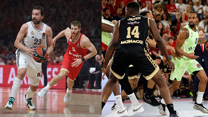 Dos escenas de la Euroliga: jugadores del Real Madrid (#23) y Barça (#4) y otros dos jugadores, uno con la camiseta del Mónaco (#14).