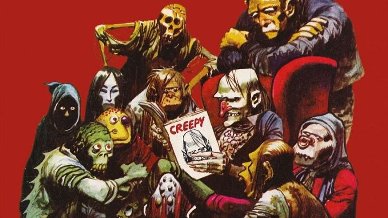 Criaturas monstruosas, incluyendo un esqueleto y un monstruo cadavérico, rodean un cómic titulado "CREEPY" en una ilustración de fondo rojo.  Escena de lectura o contemplación compartida.