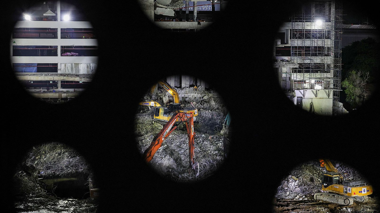 Los equipos de rescate operando en el lugar del derrumbe de un edificio, un mes después de un fuerte terremoto, en Bangkok, Tailandia