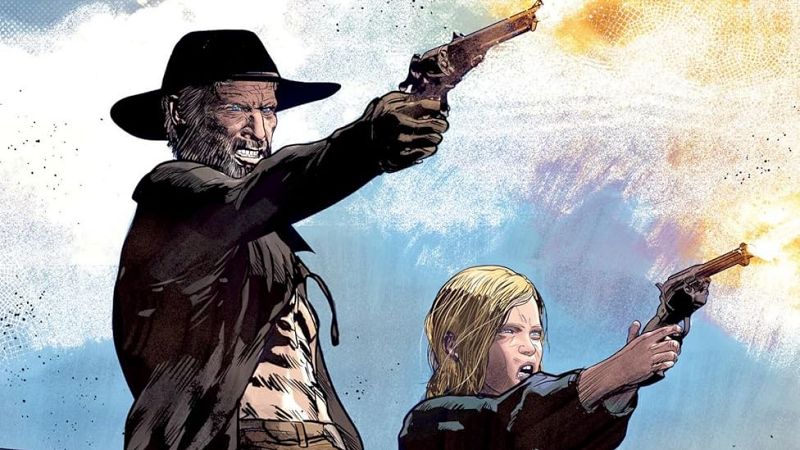 Portada de cómic: hombre con barba y niña disparando revólveres bajo un cielo nublado.  Acción intensa.