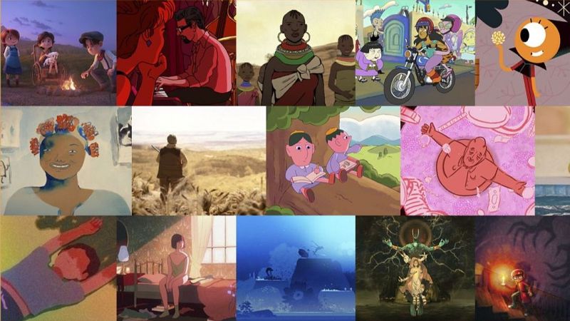 Doce fotogramas muestran escenas diversas de películas de animación finalistas a los Premios Quirino 2024, con estilos y temáticas variadas.