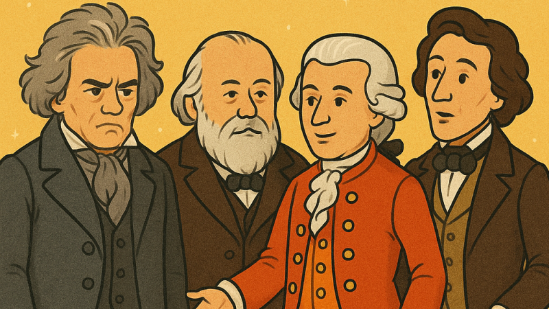 Ilustraciones animadas de Beethoven, Brahms, Mozart y Schubert, con sus atuendos característicos, acompañando una noticia cultural sobre música clásica.
