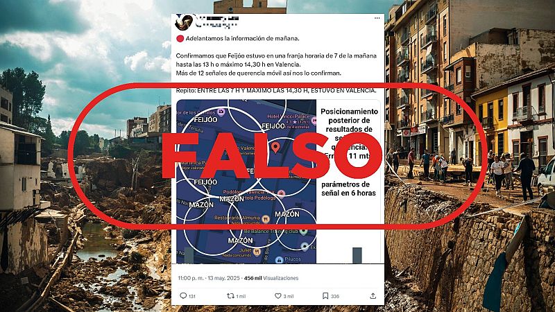 Imagen que desmiente la ubicación de Feijóo en Valencia entre las 7:00 y las 14:30 horas, mostrando un mapa con puntos 'FEIJOO' y 'MAZÓN' y la palabra 'FALSO' en rojo sobre él. Fondo con calle dañada.