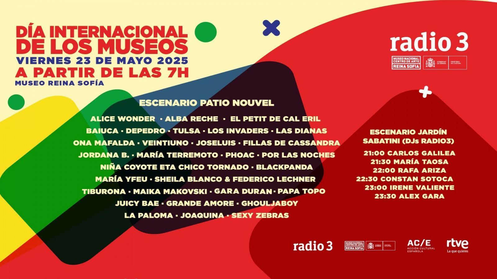 Día Internacional de los Museos 2025 en el Reina Sofía.  Conciertos de diversos artistas en dos escenarios el 23 de mayo a partir de las 7h, organizado por Radio 3.