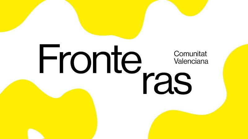 Cartel del Festival Fronteras con el nombre en negrita dividido en dos, fondo blanco con formas amarillas y mención a la Comunitat Valenciana.