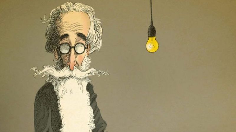 Caricatura de Valle-Inclán con barba blanca, gafas y cabello gris; bombilla amarilla iluminada al lado, sobre fondo beige.