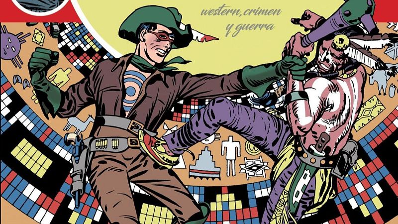 Intensa escena de lucha entre un vaquero y un nativo americano, con detalles de vestuario y armas. Fondo con motivos de petroglifos.