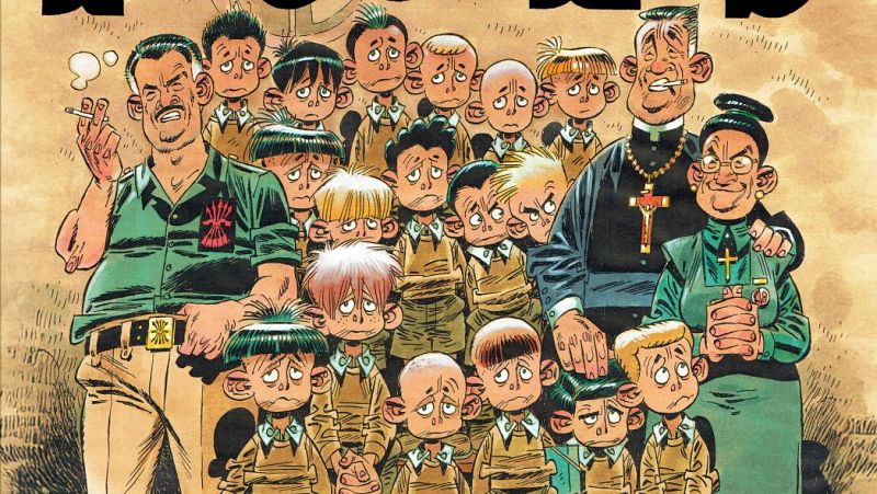 Niños uniformados con semblante serio, adultos con atuendos religiosos y un hombre fumando en la portada del cómic 'Paracuellos. Edición total'.