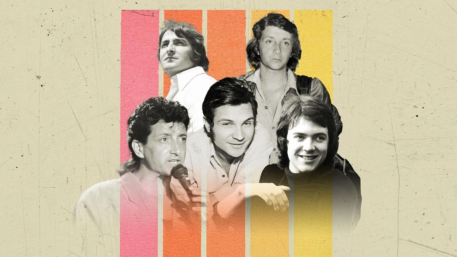 Fotografías en blanco y negro de cantantes, con estética de los 70, sobre fondo pastel.  Un cantante sostiene un micrófono.  Imagen promocional de un documental.