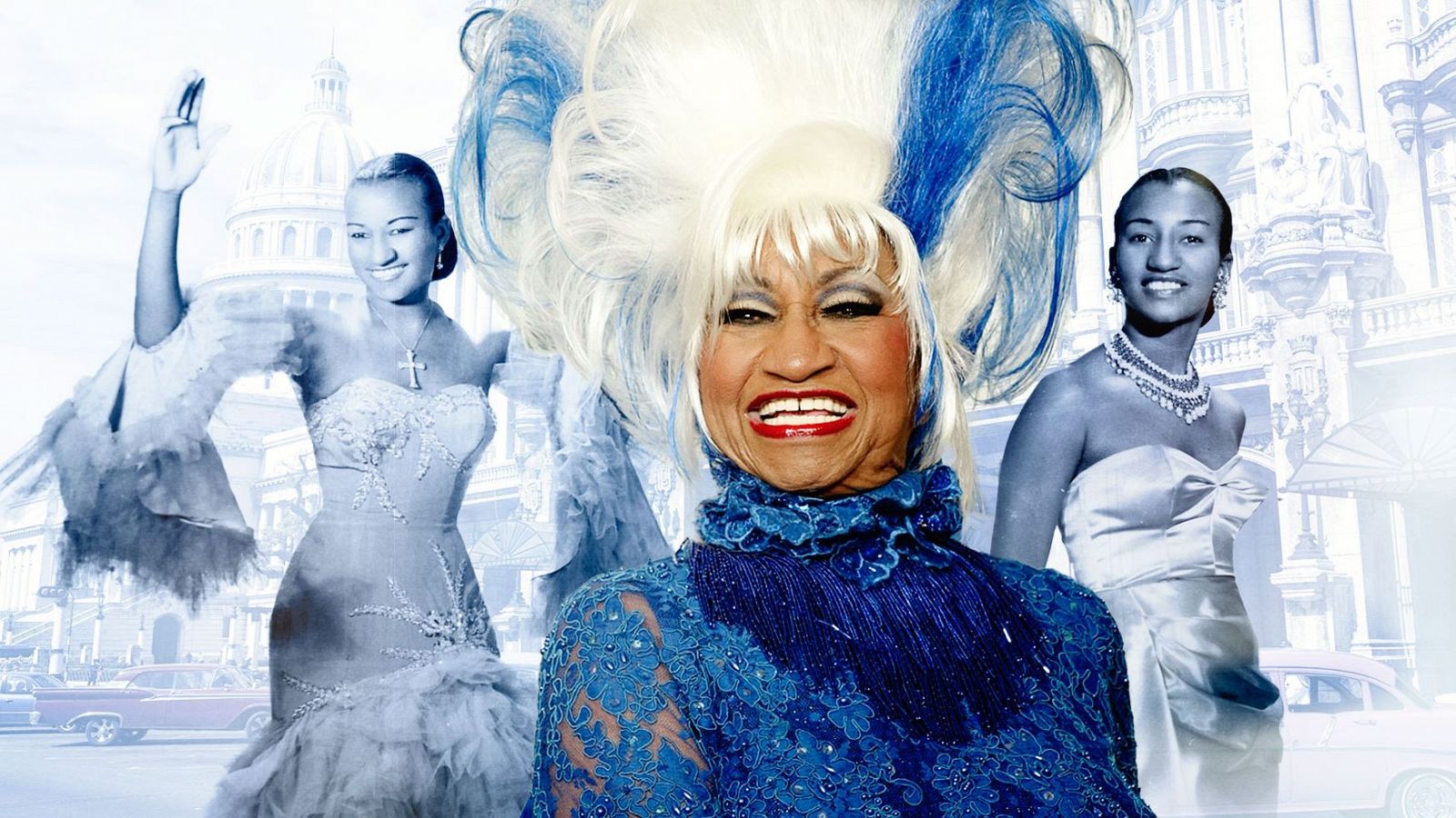 Imagen de Celia Cruz, "La Guarachera de Cuba", con peluca blanca y azul, vestido azul floral y sonrisa radiante;  dos fotos en blanco y negro de ella con vestidos de gala se superponen detrás.