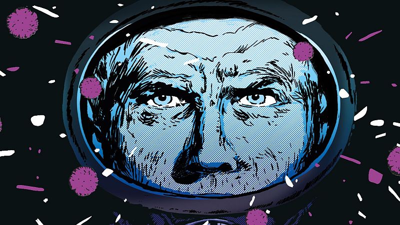 Rostro serio de un astronauta con casco, piel azul y textura rugosa, en un fondo oscuro con puntos luminosos.