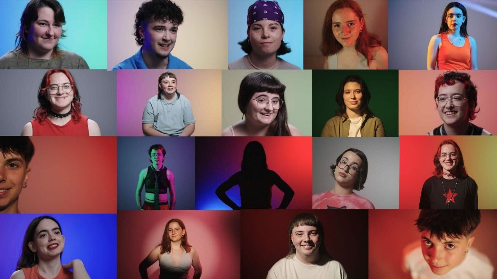 Variados retratos con fondos coloridos, mostrando la diversidad de la identidad de género no binaria.  Silueta central simboliza la fluidez y la búsqueda de identidad.