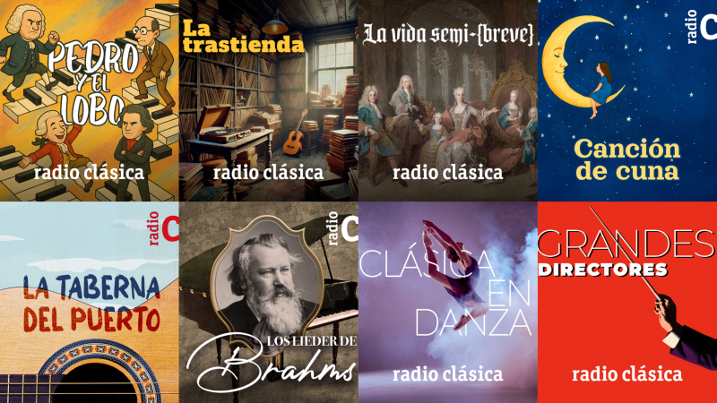 Ilustraciones que representan los nuevos programas de Radio Clásica: compositores, instrumentos, danza y escenas de época.  Incluye el logo de Radio Clásica.