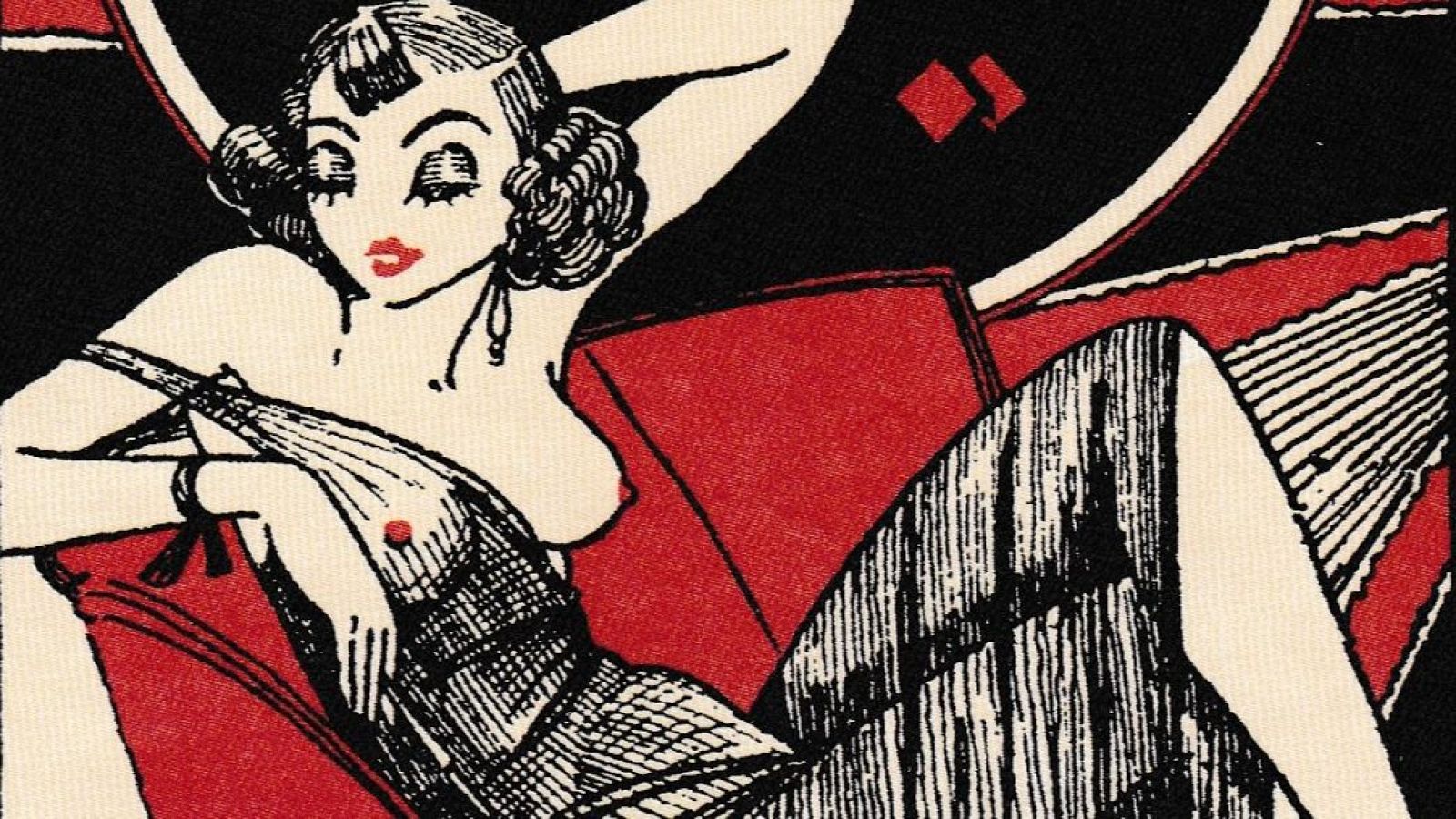 Ilustración de mujer con estilo art déco, pose sugerente, vestida con ropa oscura, fondo con rojos y negros geométricos. Detalle de portada de cómic.