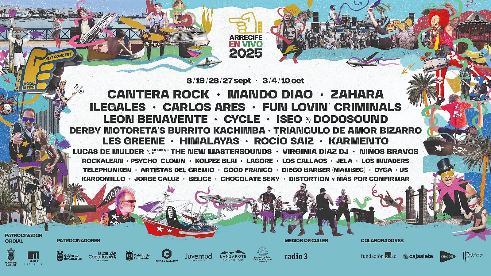 Cartel del festival Arrecife en Vivo 2025:  Varias fechas en septiembre y octubre, numerosos artistas musicales, estética colorida y patrocinadores como el Gobierno de Canarias.