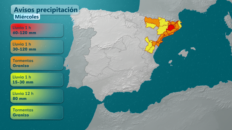 Previsión meteorológica: fuertes lluvias (hasta 120 mm/h) y tormentas en el noreste peninsular el miércoles.  Posible granizo.