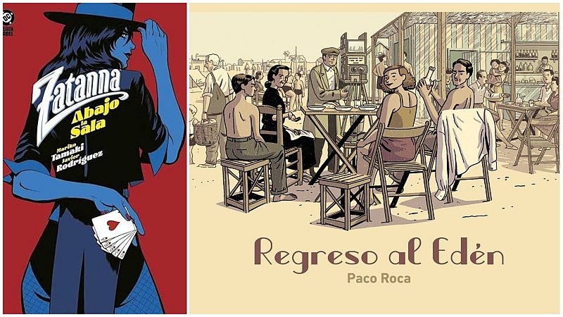 Imagen con dos portadas de cómics: una con mujer, sombrero y cartas, titulada "Zatanna: Abajo la Sala"; otra con escena de playa y gente en mesas, titulada "Regreso al Edén".