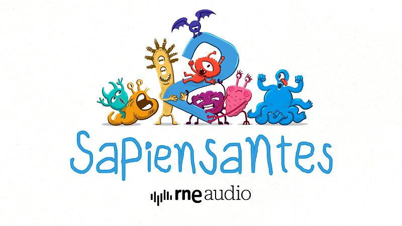 Promoción de la temporada 2 de Sapiensantes. Monstruos animados de colores vibrantes rodean un gran "2" azul sobre fondo blanco. Incluye el logo de RNE Audio.