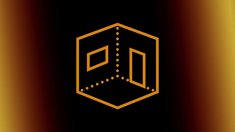 Icono minimalista de habitación en perspectiva, hexagonal y naranja, sobre fondo degradado negro-dorado.  Líneas finas definen paredes, ventana y puerta.