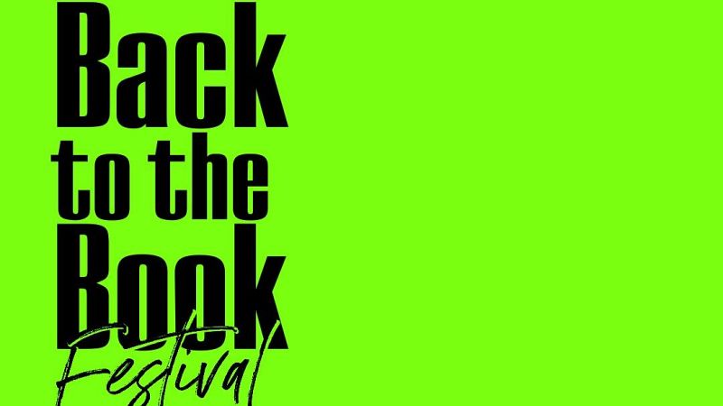 Título "Back to the Book Festival" en letras negras sobre fondo verde brillante.  "Back to the Book" en negrita sans-serif y "Festival" en cursiva.