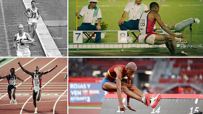 De arriba abajo e izquierda a derecha: la maratón de los JJ.OO. 1964, el gran salto de Mike Powell y Carl Lewis en los 100 m, ambos en Tokio 1991; y Yulimar Rojas, campeona olímpica de triple en 2021
