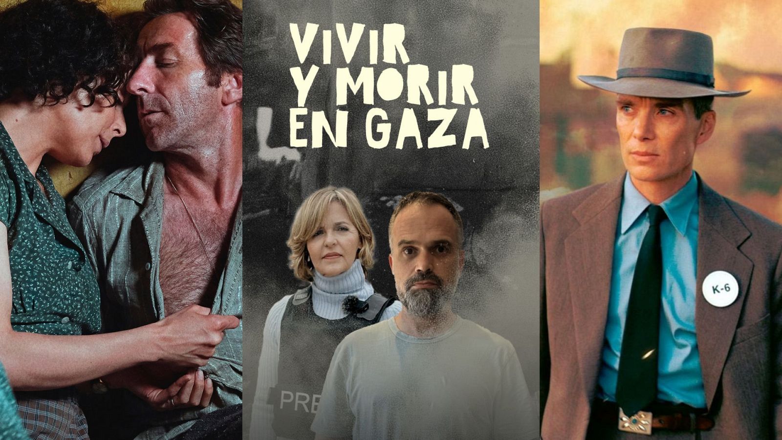 Un montaje de tres escenas de películas muestra una pareja en un ambiente íntimo, una imagen titulada "Vivir y morir en Gaza" con una mujer con chaleco de prensa y un hombre, y un hombre con sombrero y traje con una insignia.