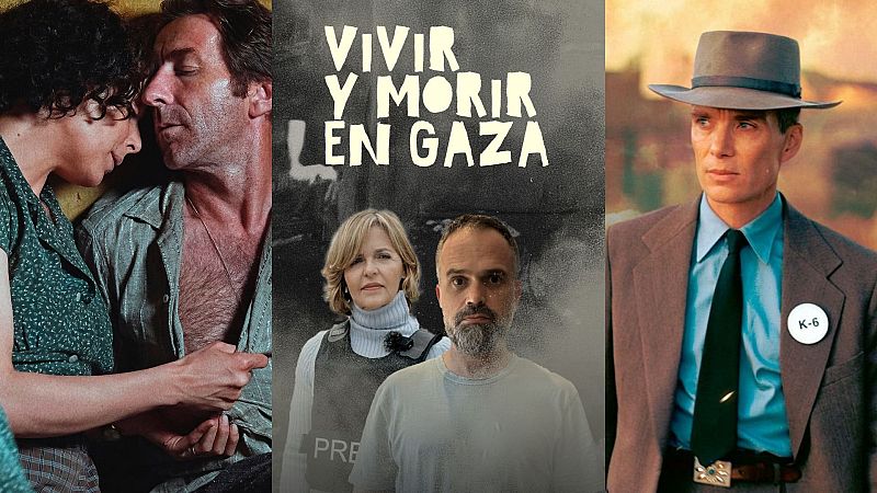Un montaje de tres escenas de películas muestra una pareja en un ambiente íntimo, una imagen titulada "Vivir y morir en Gaza" con una mujer con chaleco de prensa y un hombre, y un hombre con sombrero y traje con una insignia.