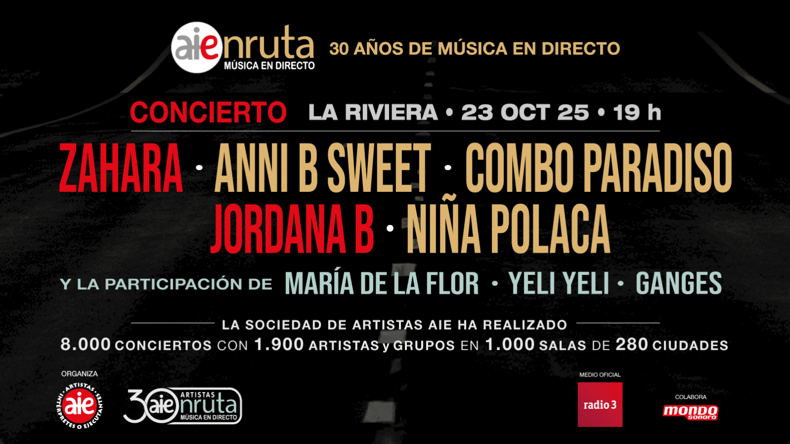 Cartel promocional de un concierto que celebra 30 años de música en directo, con varios artistas y que tendrá lugar en una sala de conciertos el 23 de octubre a las 19:00.