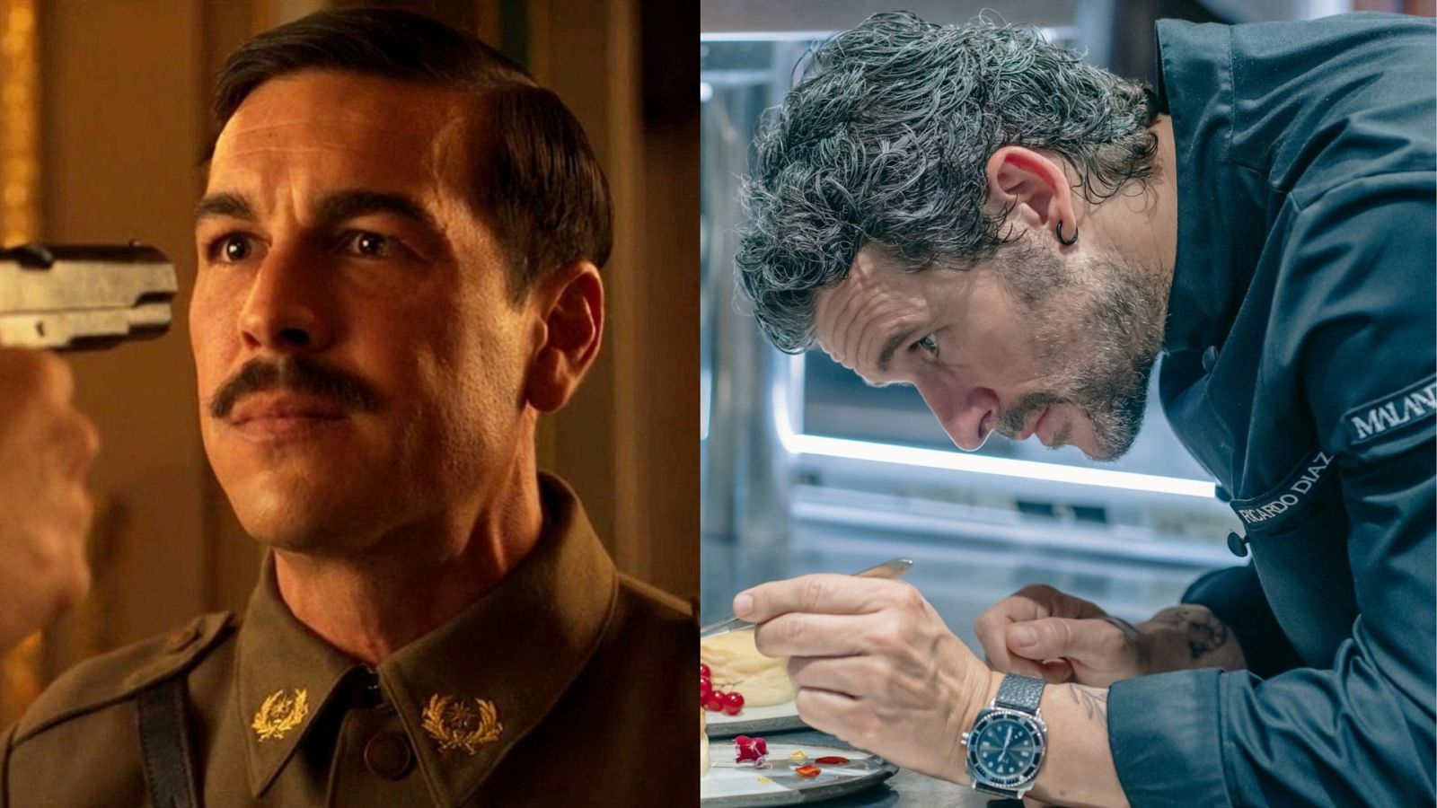 En la imagen se observan dos actores en escenas de películas diferentes: Mario Casas con uniforme militar y Diego Martín como chef, manipulando alimentos. Destaca la inscripción "MALAND" y "RICARDO DIAZ" en la chaqueta del chef.