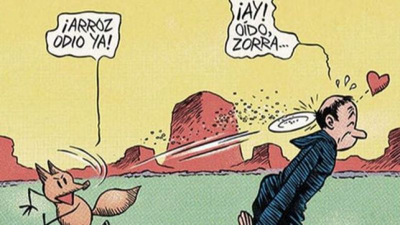 En la portada de un cómic, un zorro anaranjado grita en un paisaje desértico, con un bocadillo que contiene una frase. Un hombre con traje azul recibe un golpe, con un corazón flotando sobre su cabeza y un bocadillo con una exclamación.